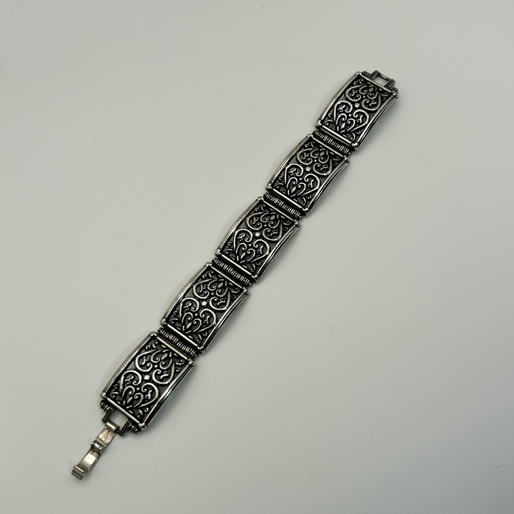 Brighton Jewelry Bar Link Bracelet Silver Plated Scrolled Hearts 7.5" Vintage - Picture 12 of 12